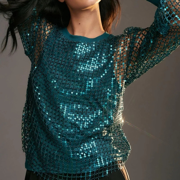 NWT Anthropologie Pilcro Long-Sleeve Sequin Turquoise Top Small - Picture 4 of 9